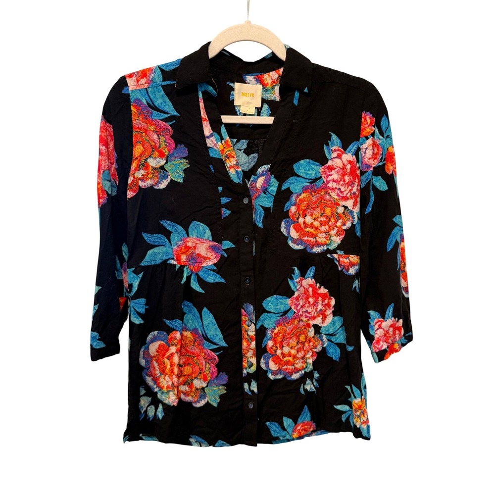 Maeve Anthropologie Boho Floral Button Down Blouse 3/4 Sleeve 4 Black Colorful